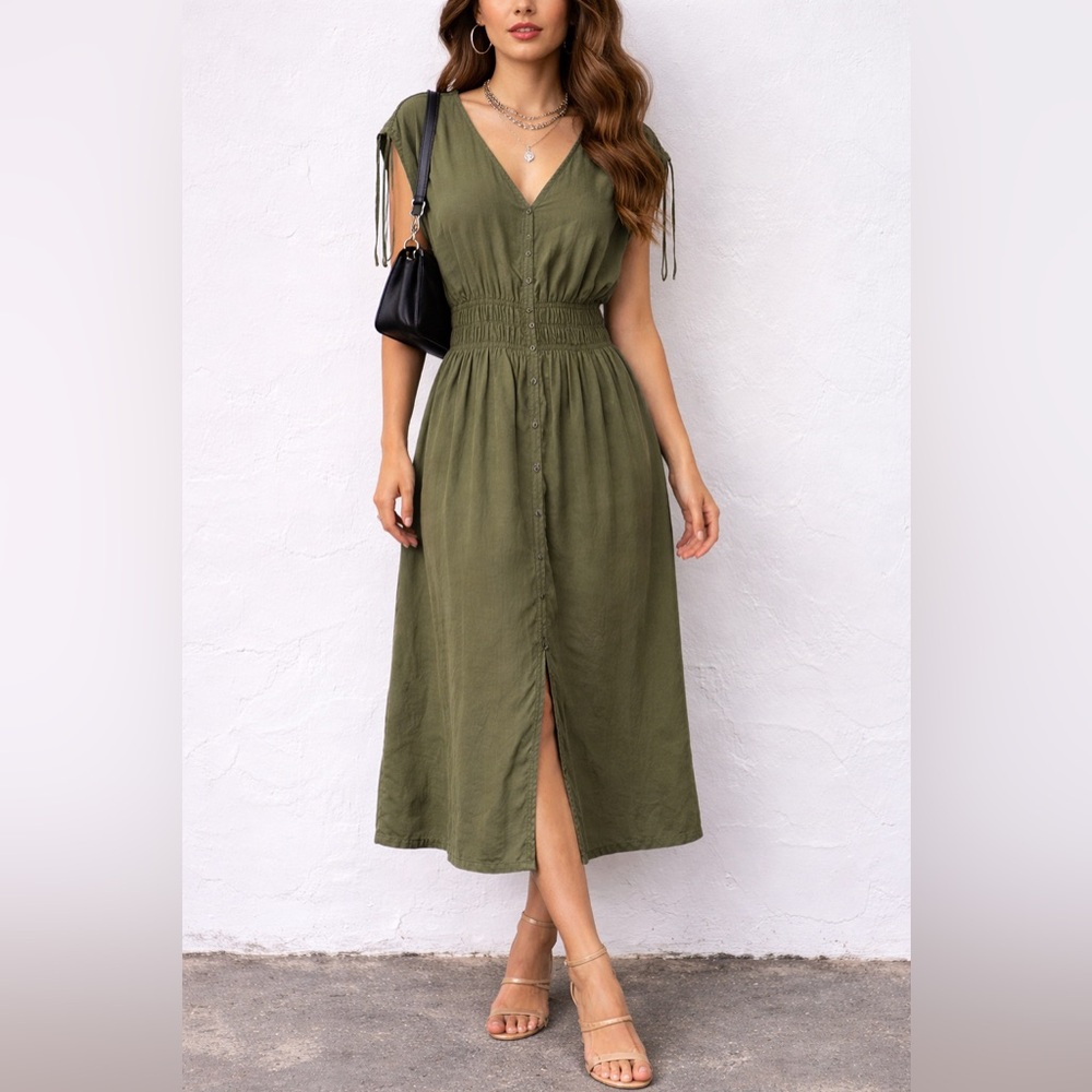 Levi’s Olive Green Smocked Waist Midi Dress Sustainable Cottagecore Utility Chic